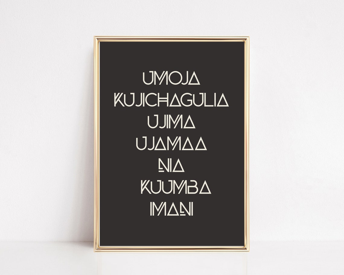 Seven Kwanzaa Principles Geometric Cream Lettering Black Wall Art