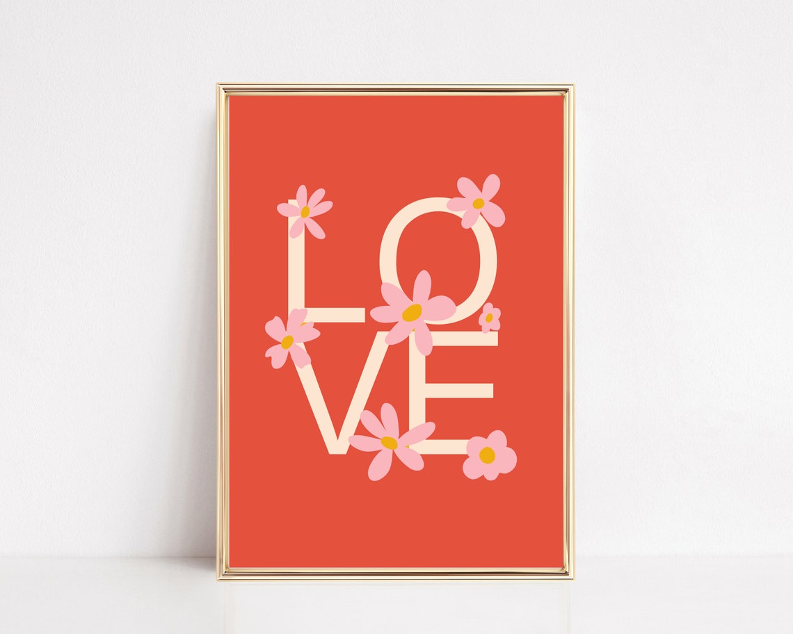 Love Daisy Floral Coral Red Retro Typography Valentine Artwork Poster