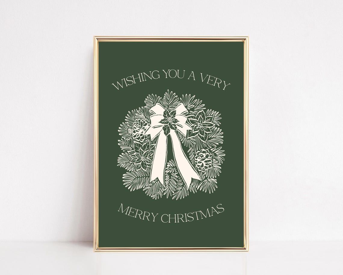 White Line Wreath Wishing You a Very Merry Christmas Holiday Poster - Image 2