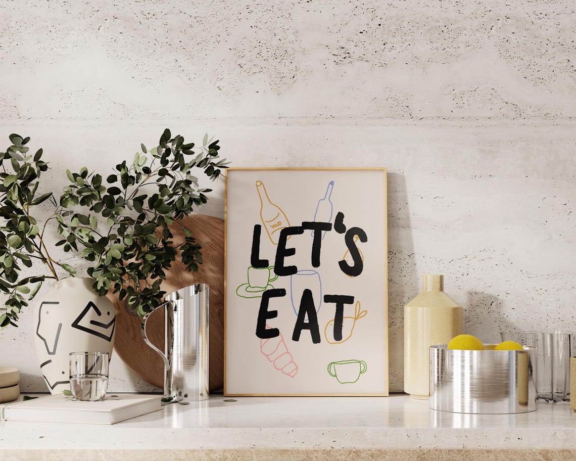 Let's Eat Funny Kitchen Quote Hand Drawn Food Doodle Poster Art