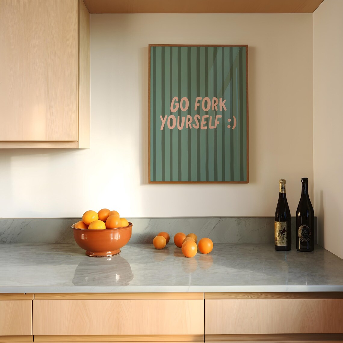 Go Fork Yourself Funny Kitchen Print Green Striped Cheeky Quote Wall Art
