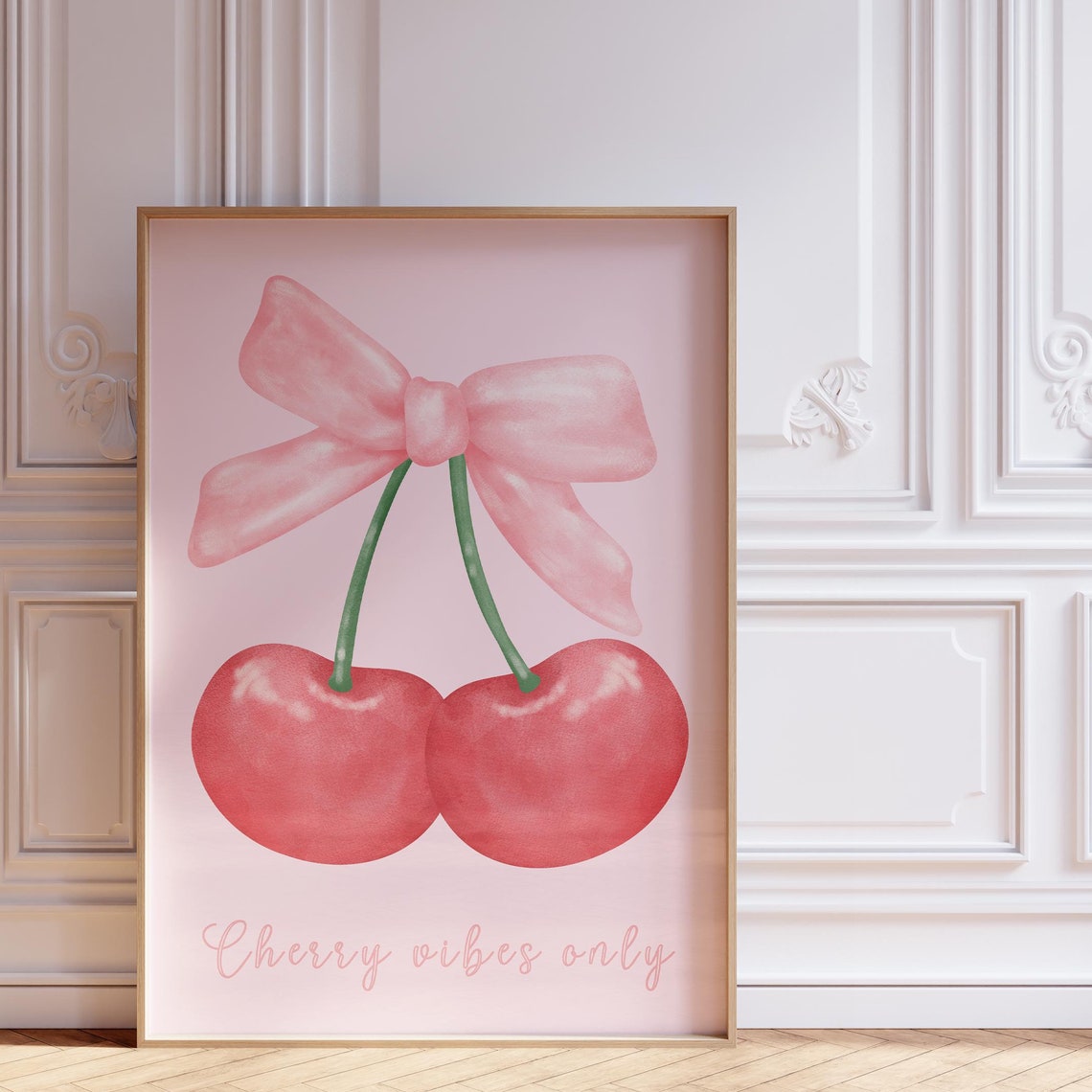 Cherry Vibes Only Pink Bow Cherry Watercolor Coquette Poster