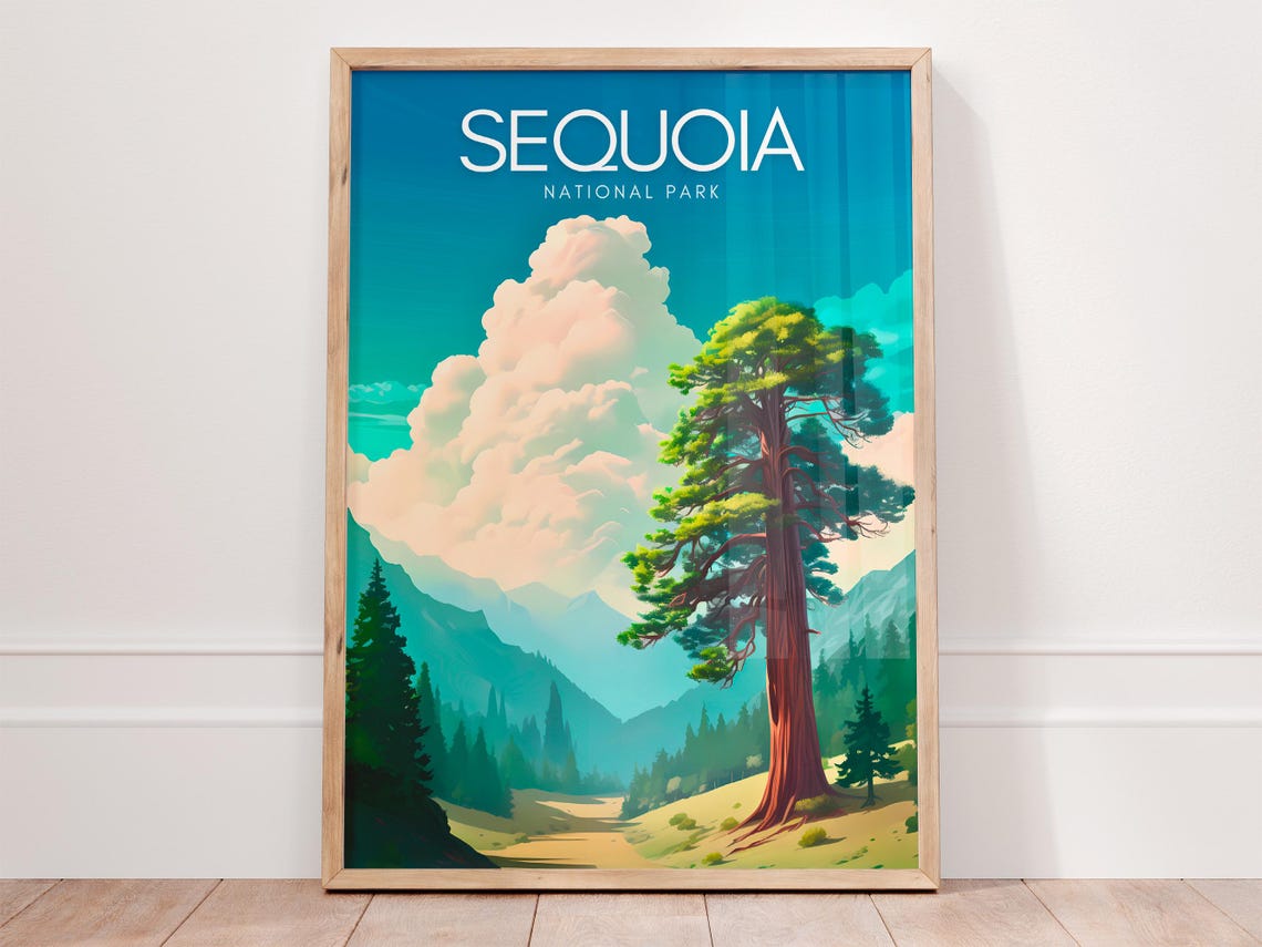 Sequoia National Park Poster with Giant Redwood Tree and Mountains