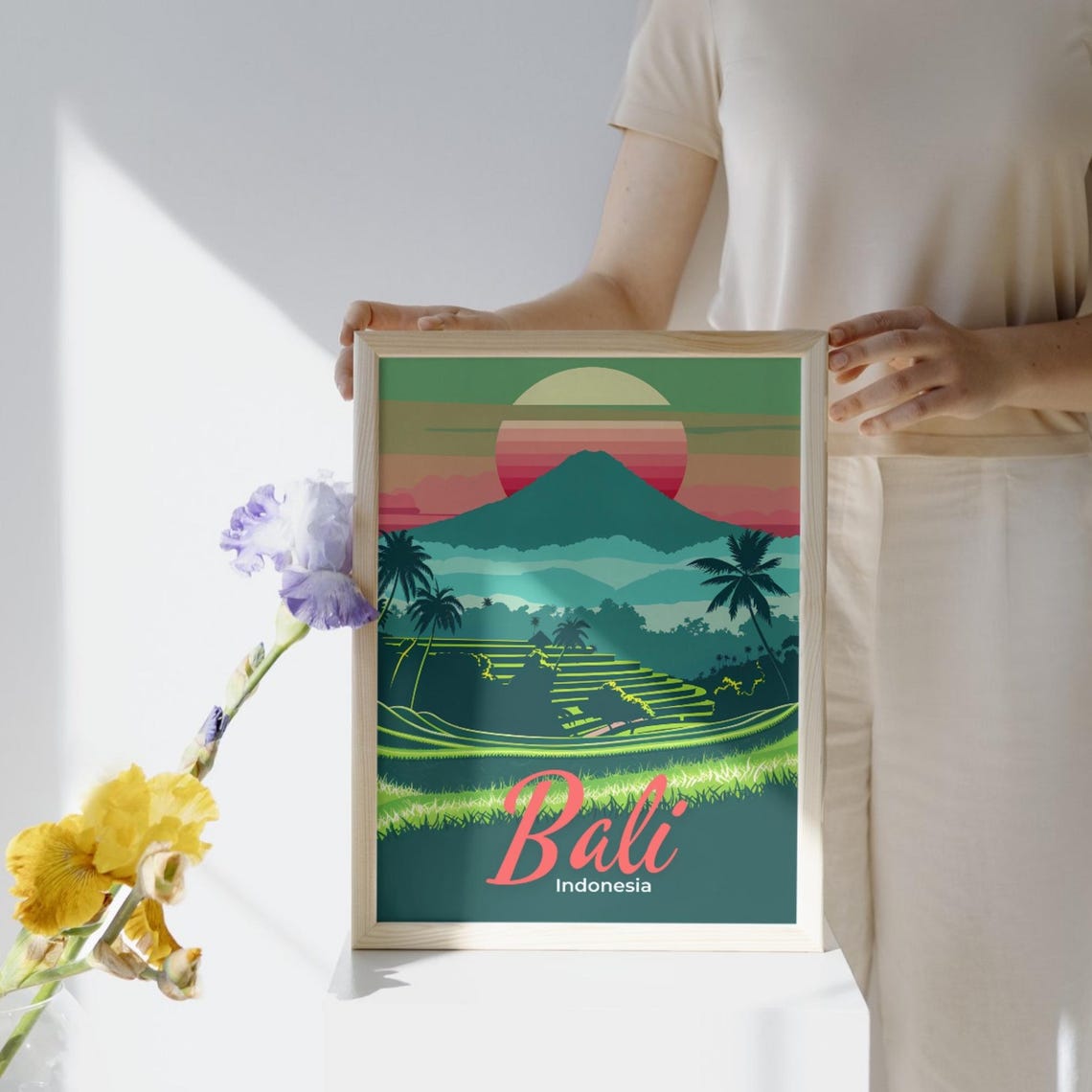 Bali Indonesia Volcano Rice Terraces Palm Sunset Travel Poster - Image 2