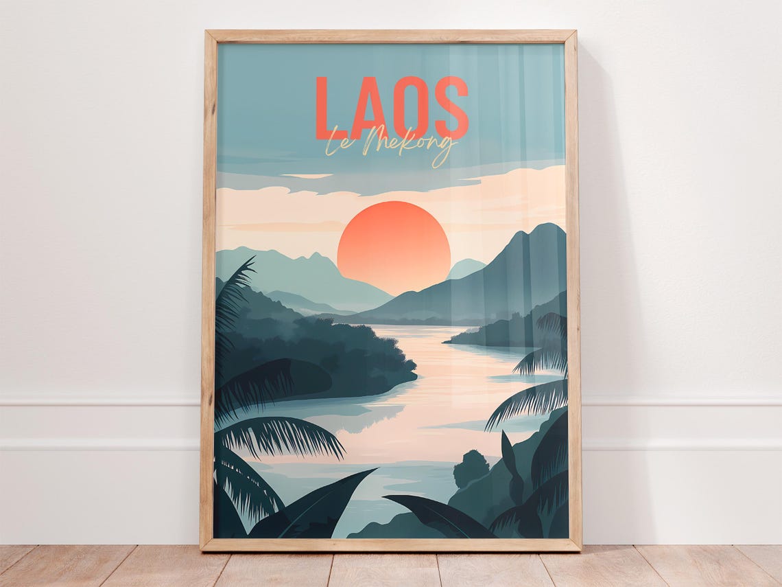 Laos Mekong River Sunset Mountains Palm Silhouette Travel Poster
