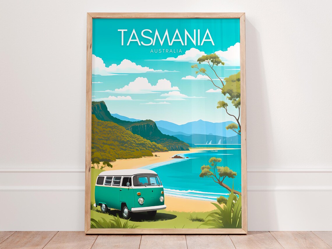 Tasmania Australia Vintage Camper Van Coastal Beach Travel Poster