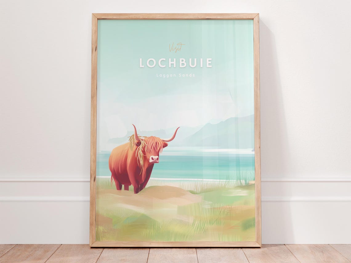 Lochbuie Laggan Sands Highland Cow Scotland Beach Travel Poster