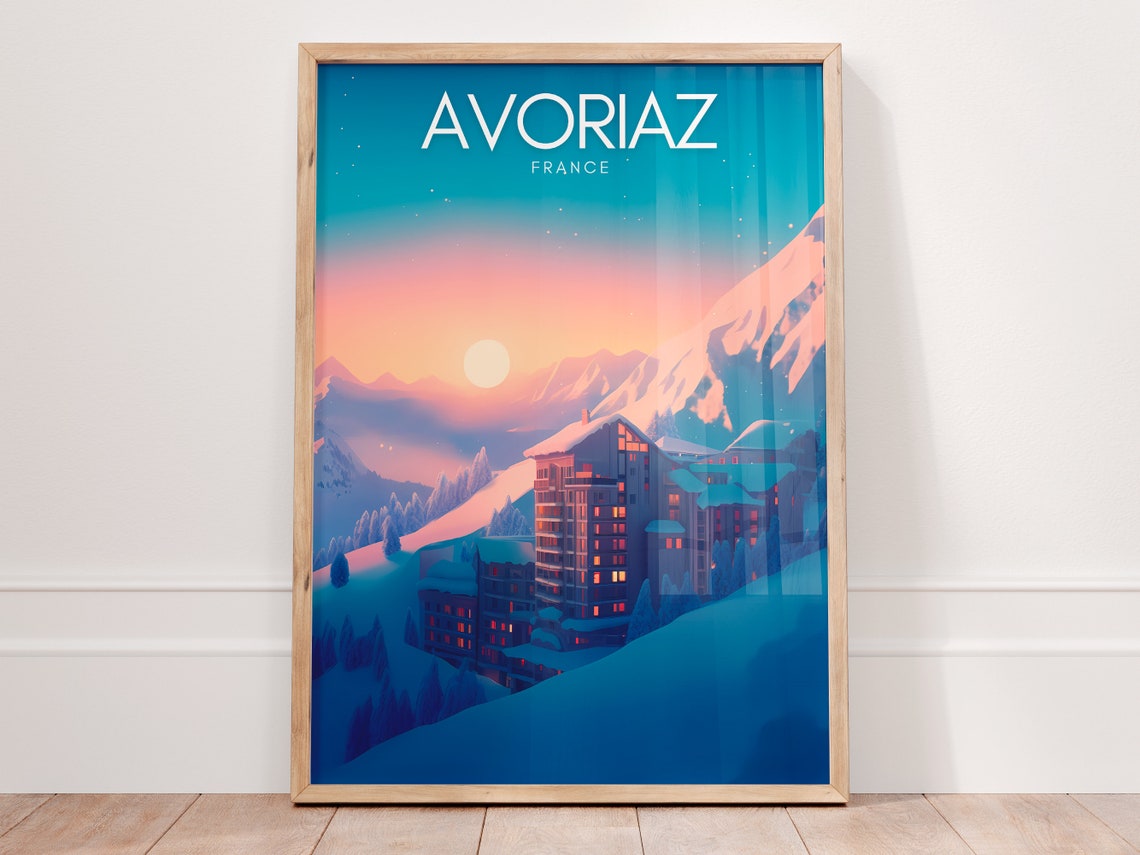 Avoriaz France Ski Resort Poster with Sunset over Snowy Alpine Village