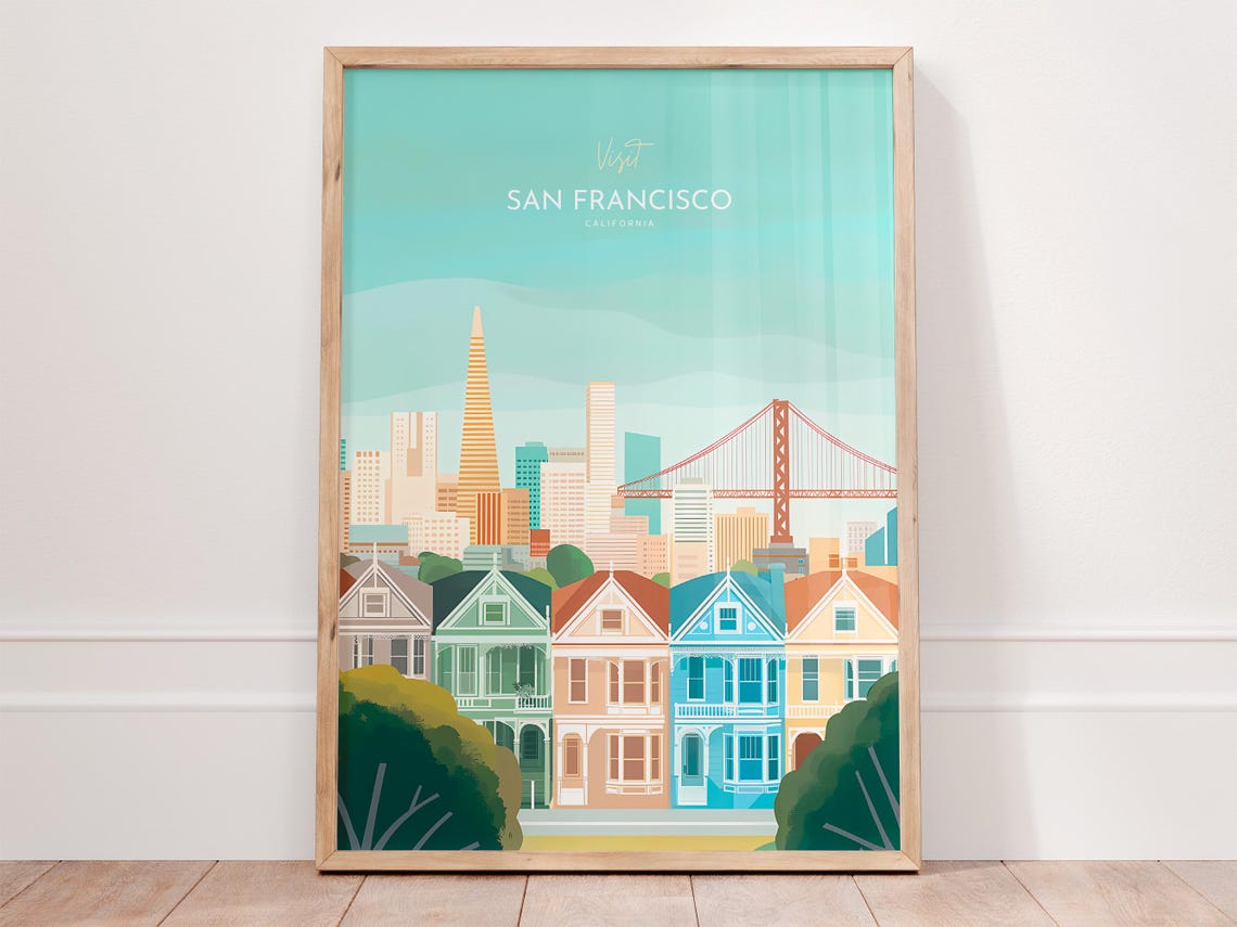 San Francisco Pastel Skyline Golden Gate Painted Ladies Poster