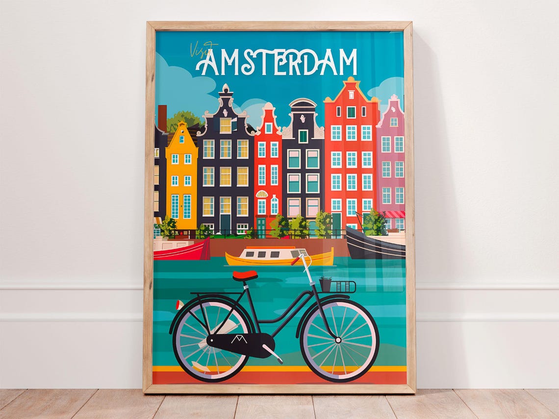 Amsterdam Netherlands Canal Houses Bicycle Flat Art Travel Poster