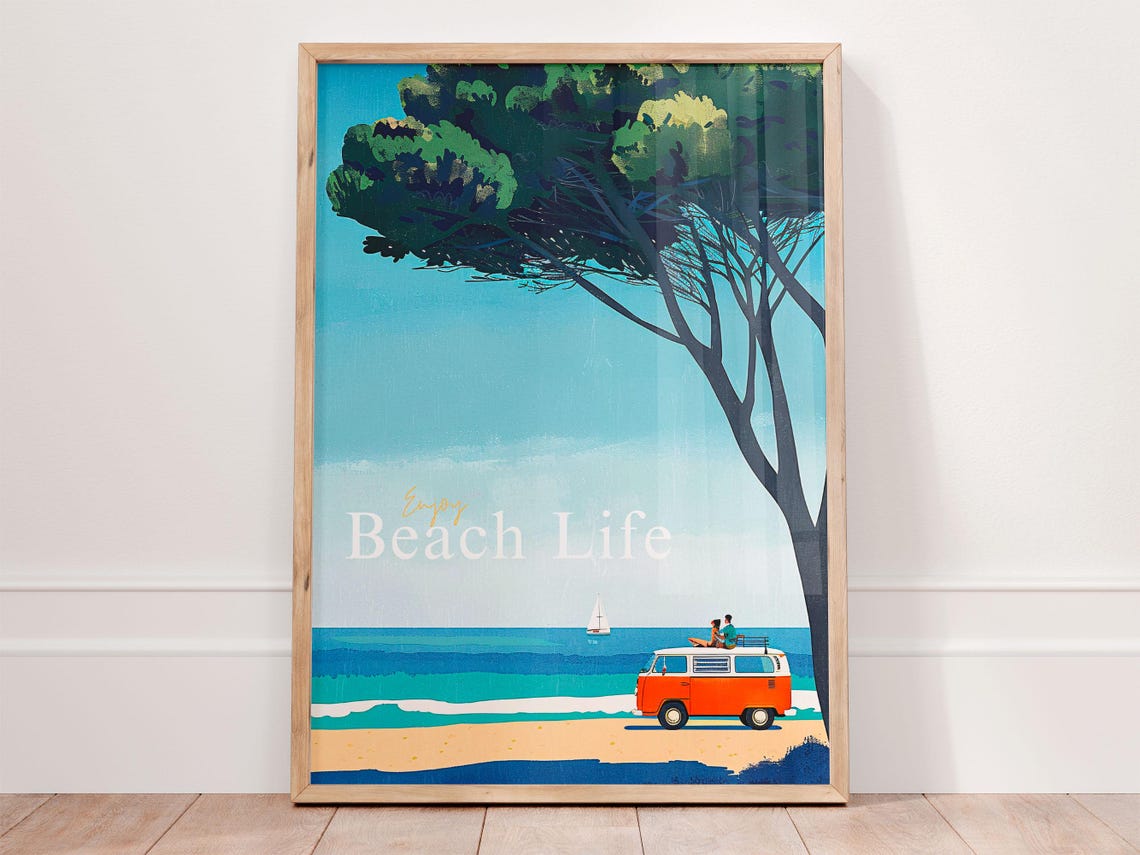 Vintage Orange Camper Van Under Coastal Pines Beach Escape Poster
