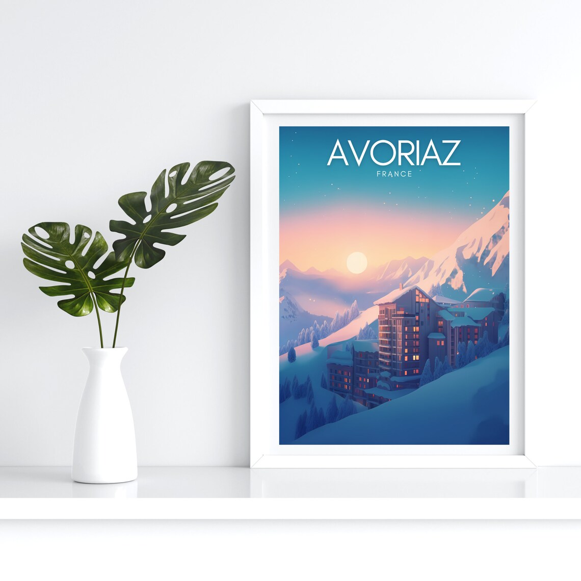 Avoriaz France Ski Resort Poster with Sunset over Snowy Alpine Village - Image 4