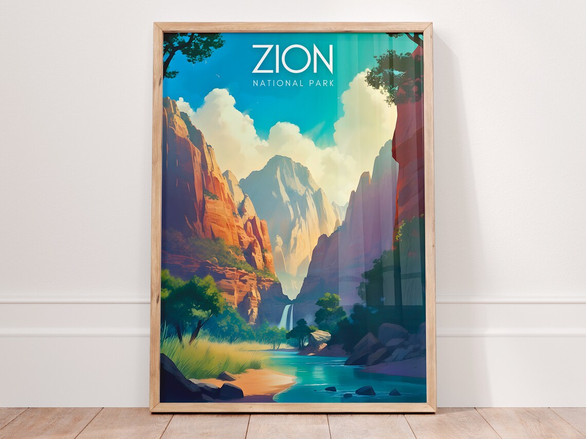 Zion National Park Red Rock Canyon Waterfall Travel Poster Art
