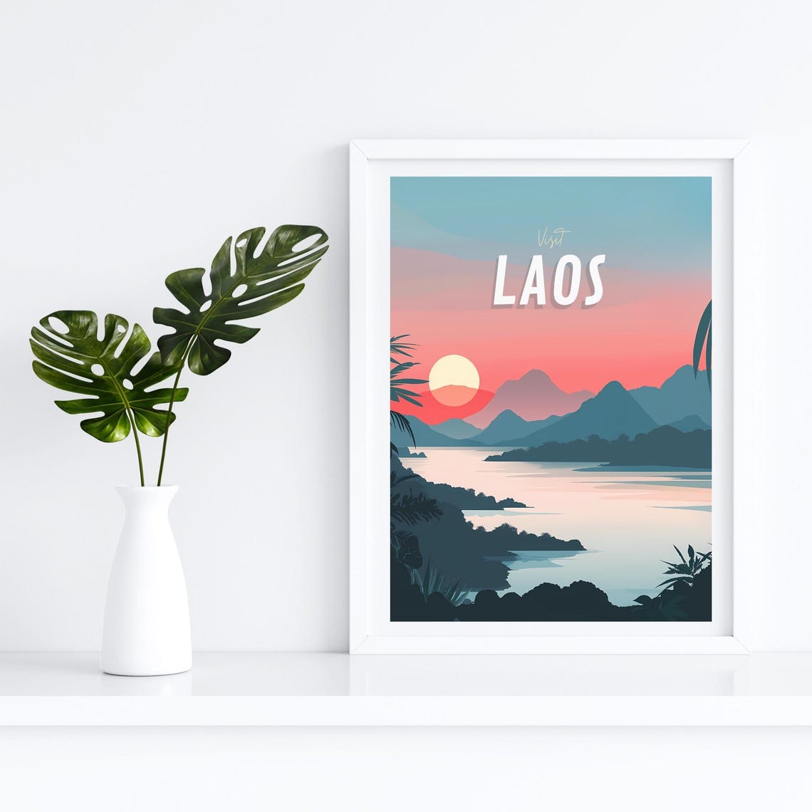 Visit Laos Sunset Mountain Lake Minimalist Travel Poster Art - Image 4