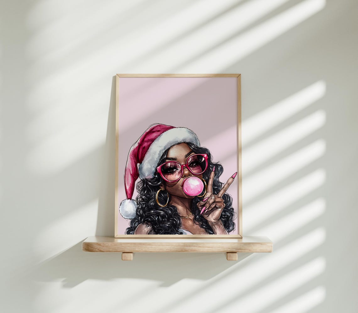 Pink Santa Girl Bubblegum Bubble Glam Peace Sign Holiday Art Poster - Image 2