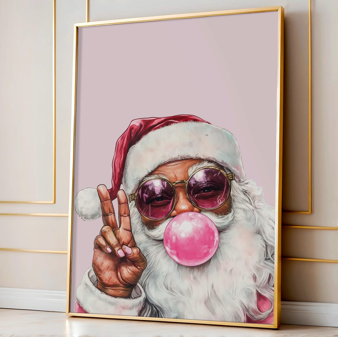 Pink Santa Bubble Gum Sunglasses Retro Cool Santa Christmas Wall Art