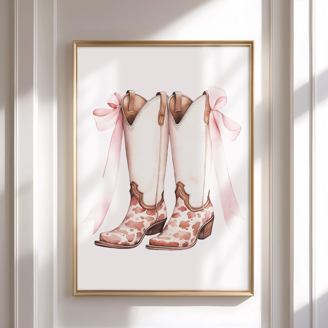 White Cowgirl Boots Cowhide Pattern Pink Ribbon Bow Western Poster - Image 3