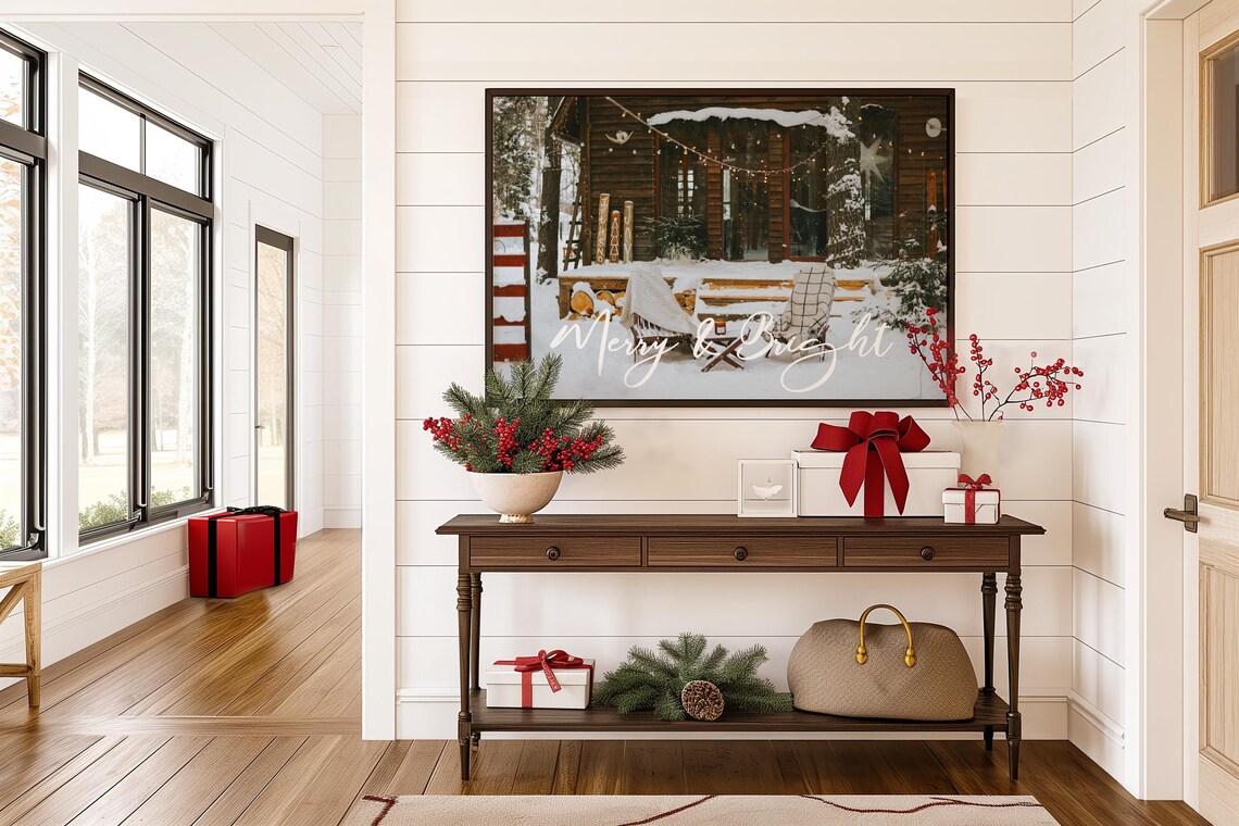 Merry and Bright Snowy Cabin Porch Christmas Photography Print - Image 2