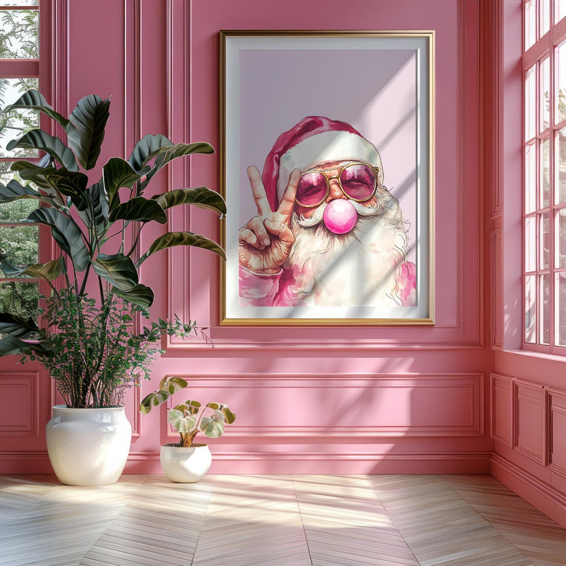 Retro Pink Santa with Sunglasses and Bubblegum Peace Sign Poster - Image 3