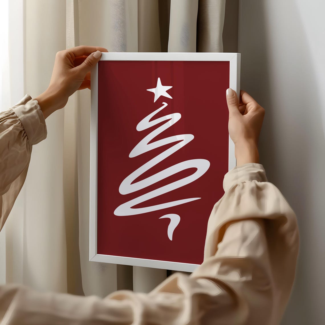 Minimalist Red Spiral Christmas Tree White Star Line Art Poster - Image 2