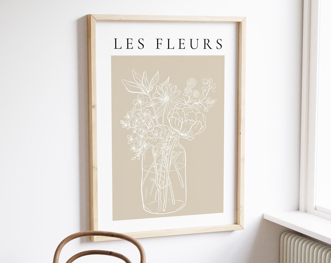 Les Fleurs French Botanical Line Art Beige Neutral Flower Art Poster