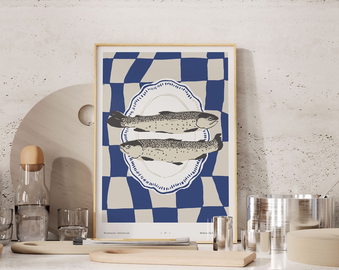 Two Fish on Plate Blue Checkered Minimalist Kitchen Food Poster