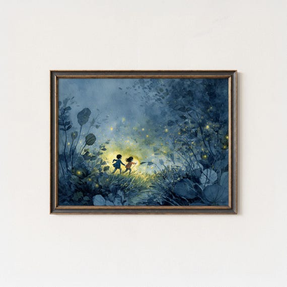 Children Chasing Fireflies Wall Art Print Whimsical Night Forest Painting Magical Childhood Summer Memory In Blue And Gold Tones