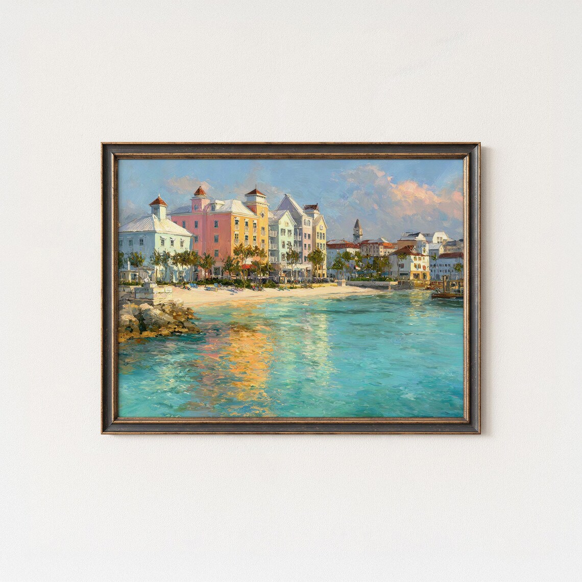 Bahamas Harbor Pastel Buildings Tropical Seascape Art Poster