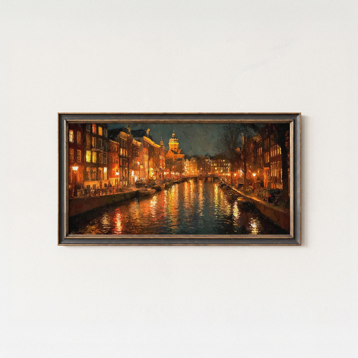 Amsterdam Canal Night Warm Light Reflections Canal Houses Oil Painting Poster
