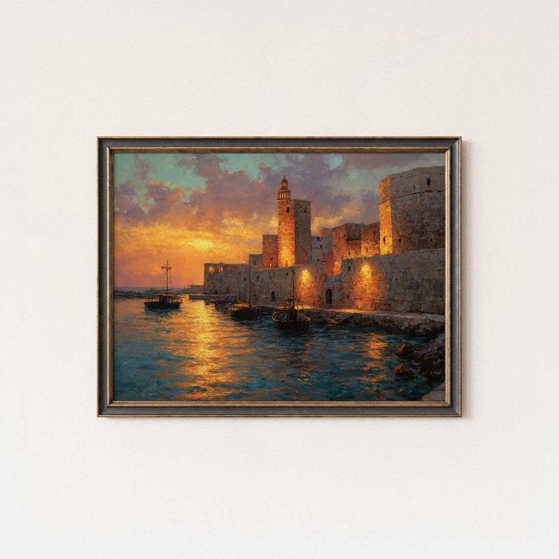 Acre Israel Ancient Harbor Tower Sunset Seascape Oil Style Wall Art