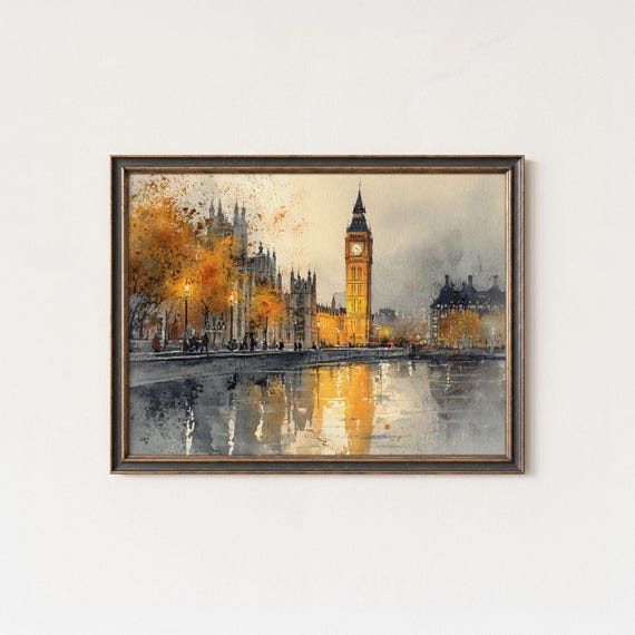 Big Ben London Wall Art Print Autumn Cityscape Painting Of Parliament And River Thames Golden Lights Reflected In Water