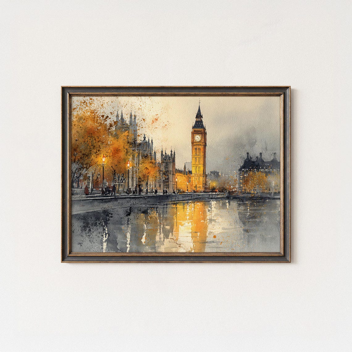 Big Ben London Autumn Street Watercolor Thames Reflection Poster