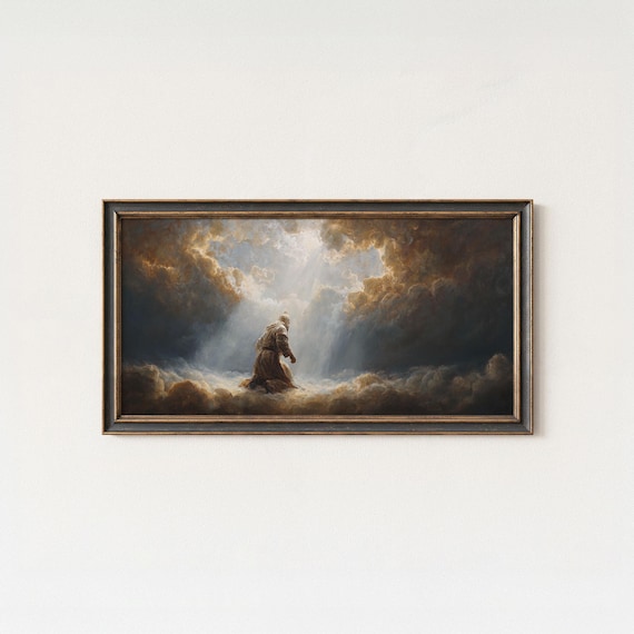 Kneeling Figure Divine Light Rays Clouds Spiritual Oil Painting Poster