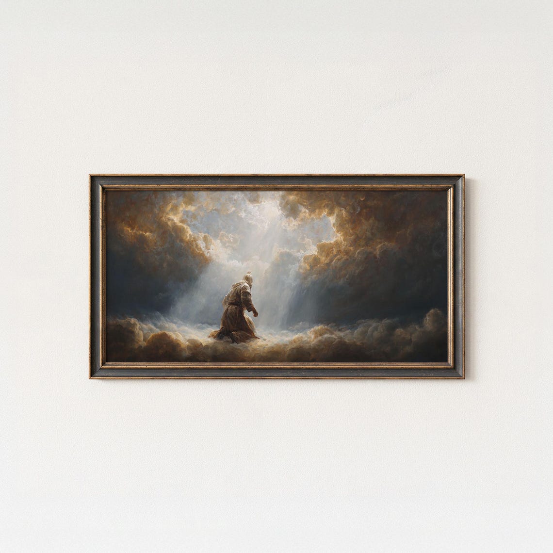Kneeling Figure Divine Light Rays Clouds Spiritual Oil Painting Poster