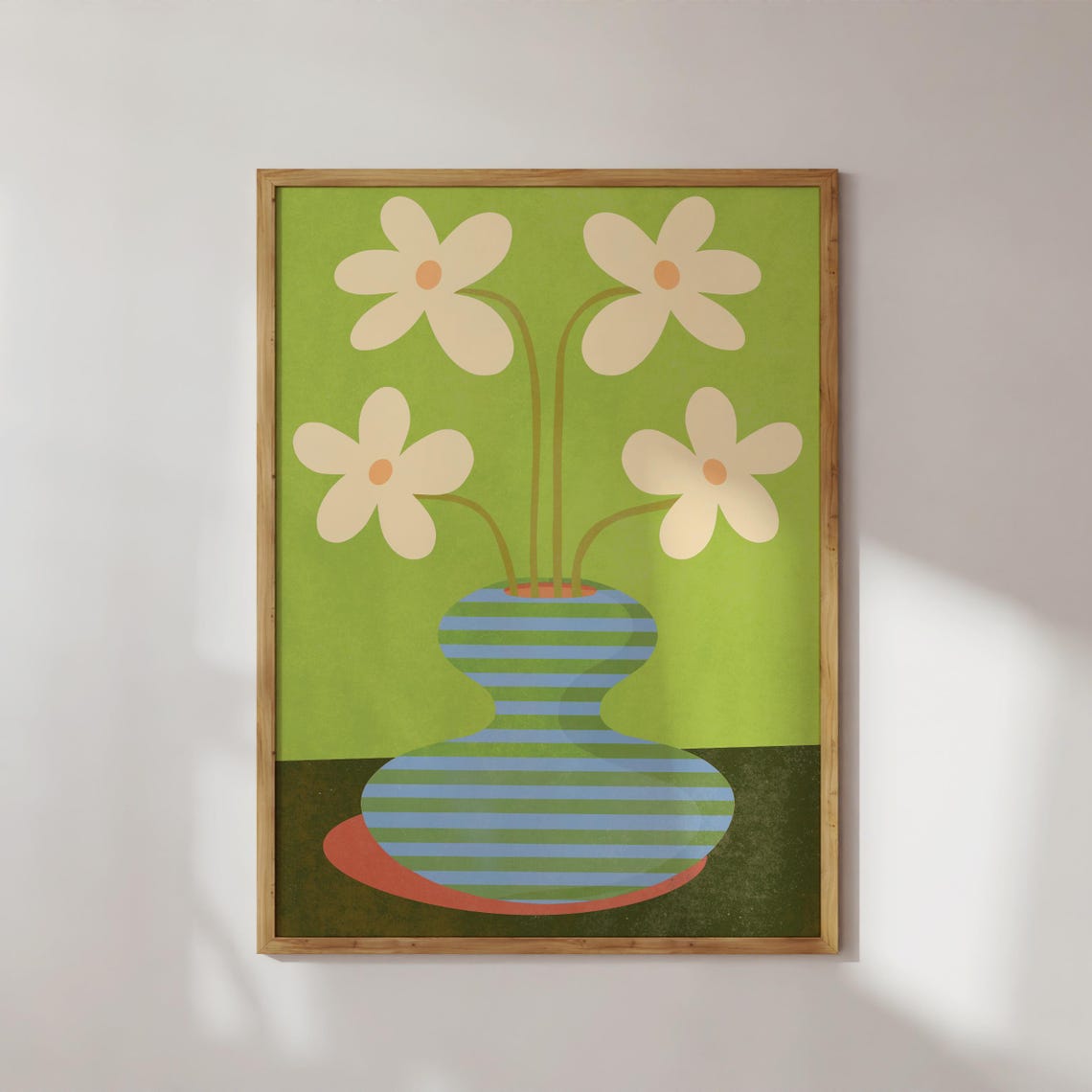 Green Striped Vase With Cream Flowers Maximalist Botanical Art Poster