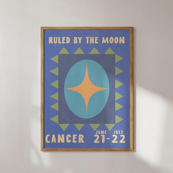 Cancer Zodiac Poster Ruled By The Moon Blue Star Retro Astrology Print