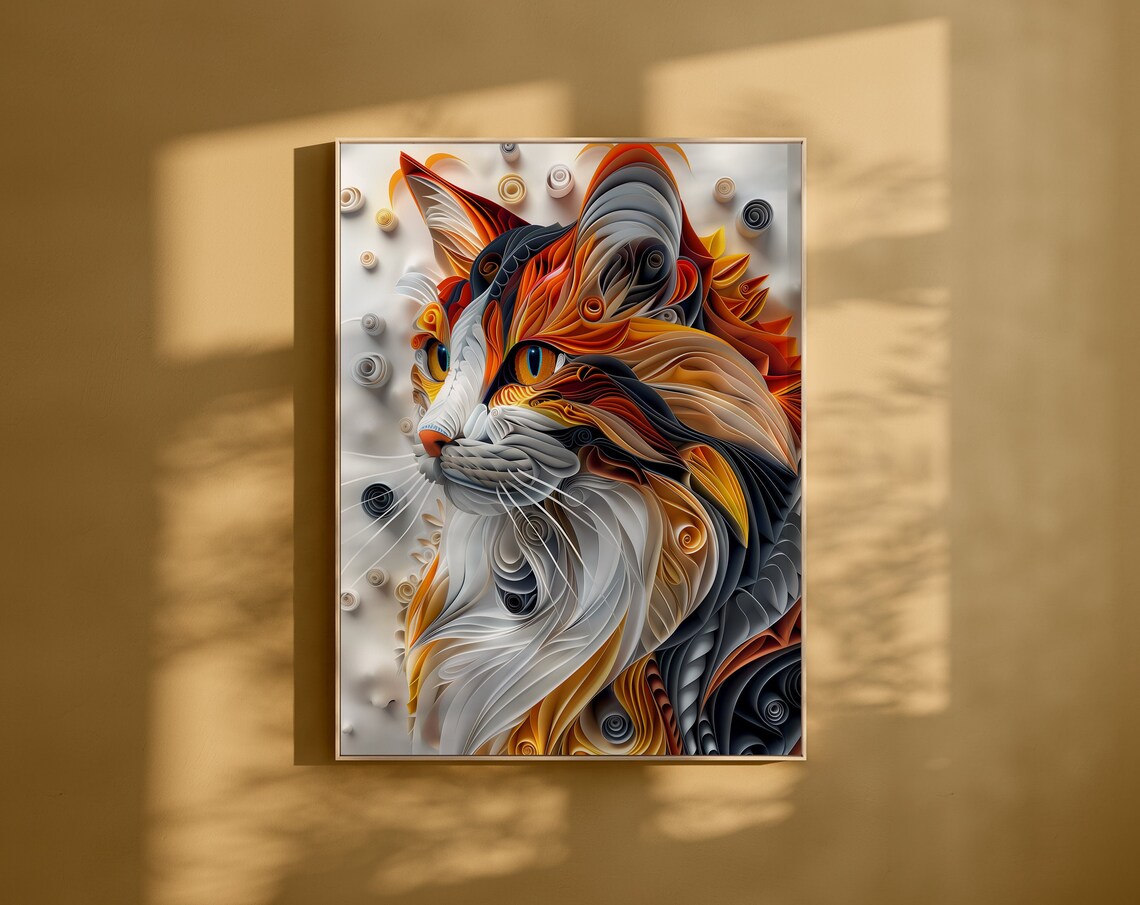 Quilled Paper Art Cat Portrait in Fiery Orange Tones Design Poster