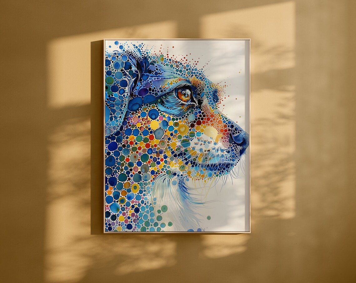 Blue Pointillism Dog Profile in Colorful Dotted Art Style Poster