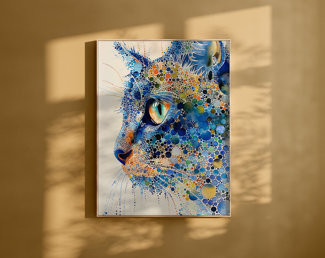 Pointillist Cat Profile in Blue Dots Abstract Style Art Poster