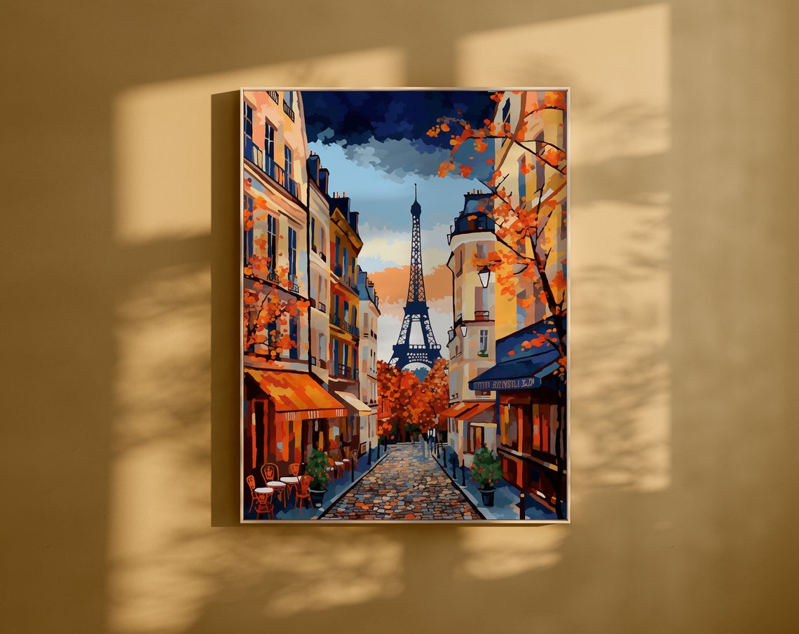 Paris Street with Eiffel Tower in Autumn Cafe Scene Art Poster