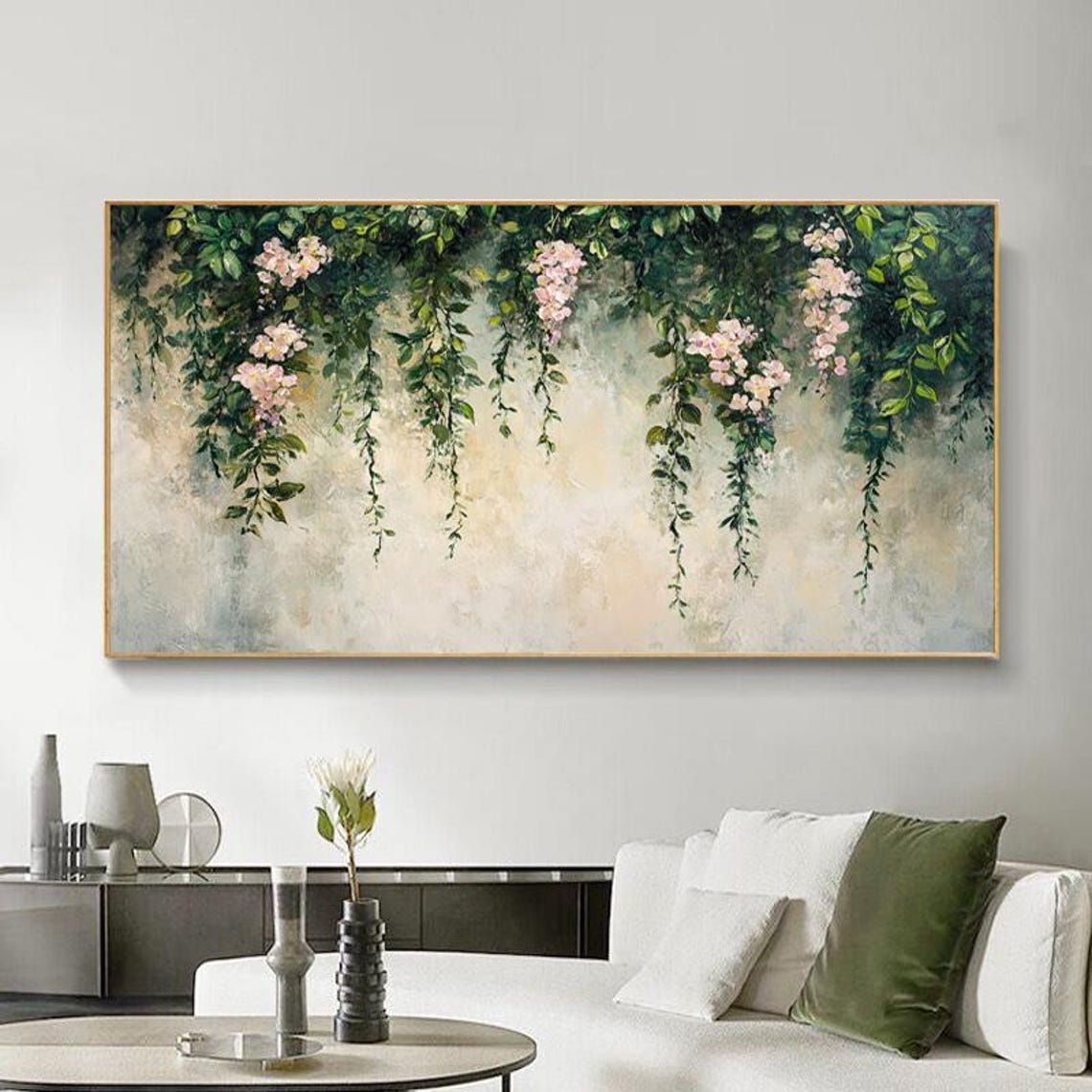 Hanging Green Vines With Pink Flowers Soft Botanical Art Poster