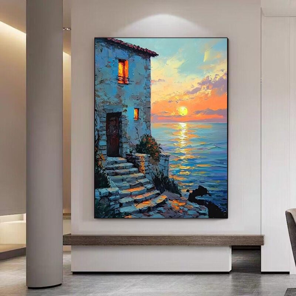 Mediterranean Stone Cottage Overlooking Sunset Seascape Poster