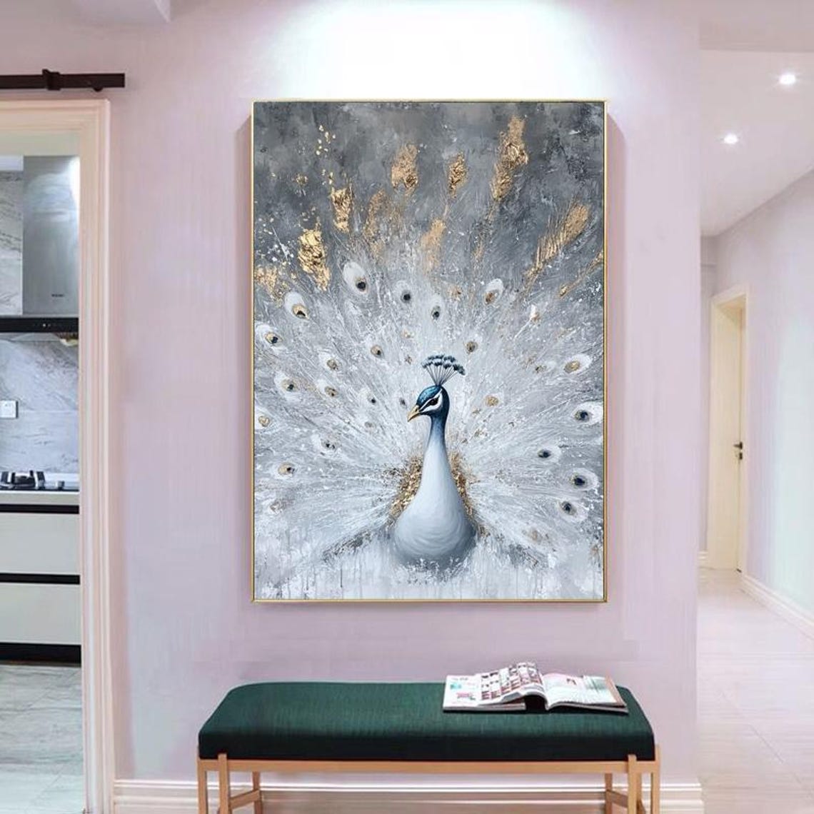 White Peacock With Gold Feathers Grey Elegant Bird Painting Poster - Image 4
