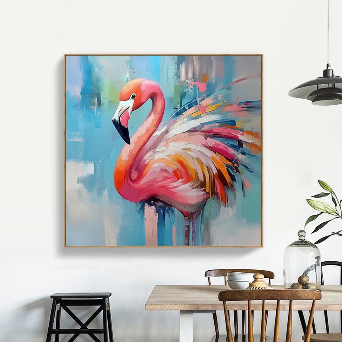 Graceful Pink Flamingo Portrait on Pastel Blue Background Poster