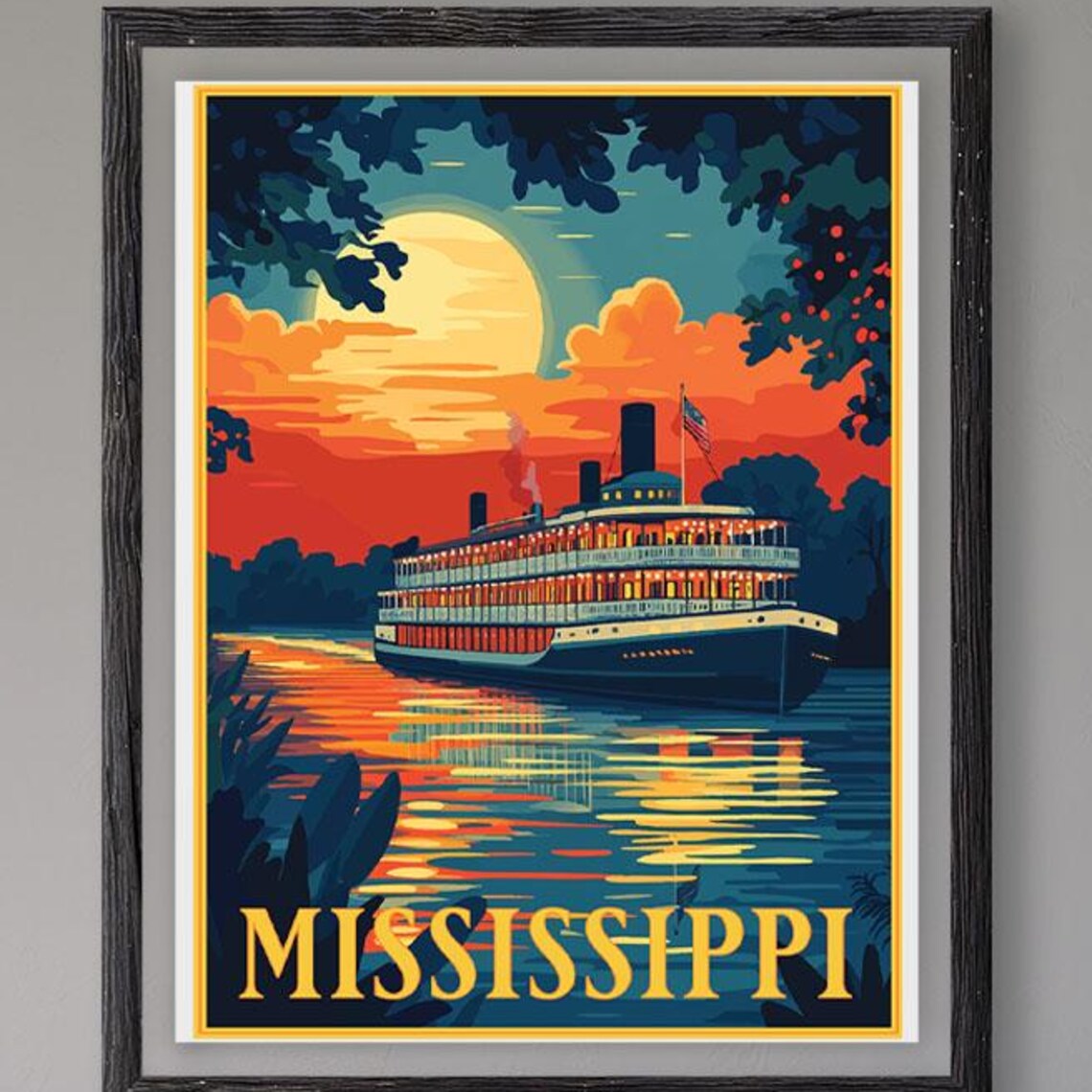 Mississippi Riverboat Sunset River Cruise Vintage Style Travel Poster