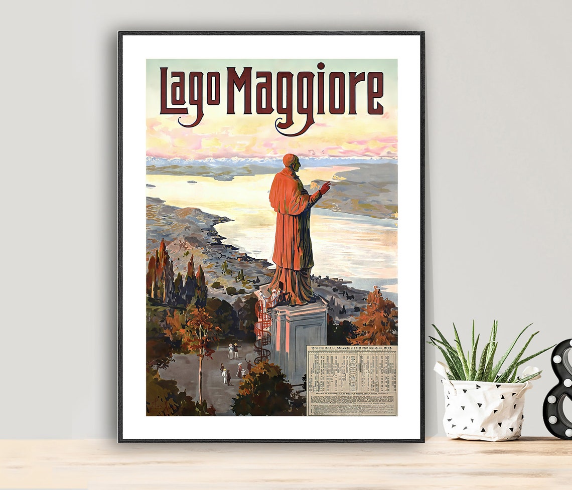 Lago Maggiore Italy San Carlo Statue Lake Vintage Travel Poster