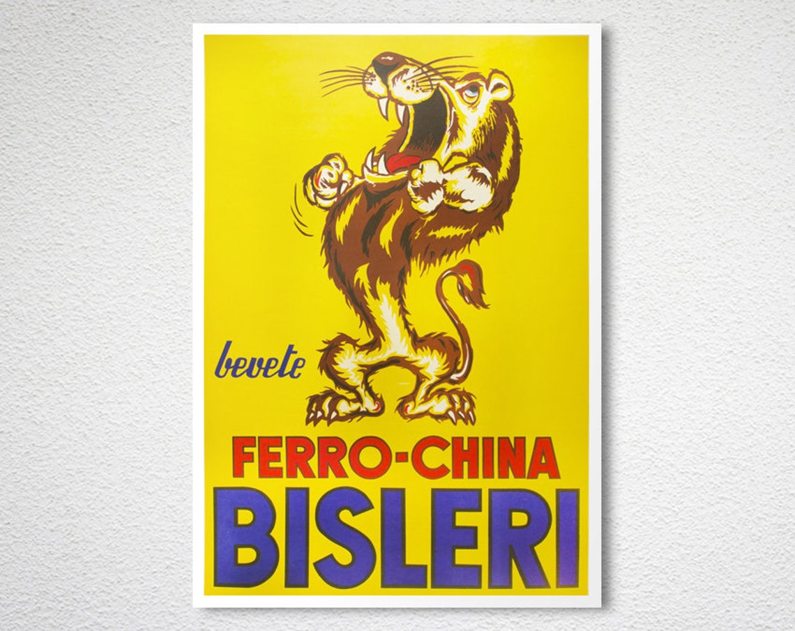 Ferro-China Bisleri Roaring Lion Vintage Italian Liqueur Ad Poster - Image 2