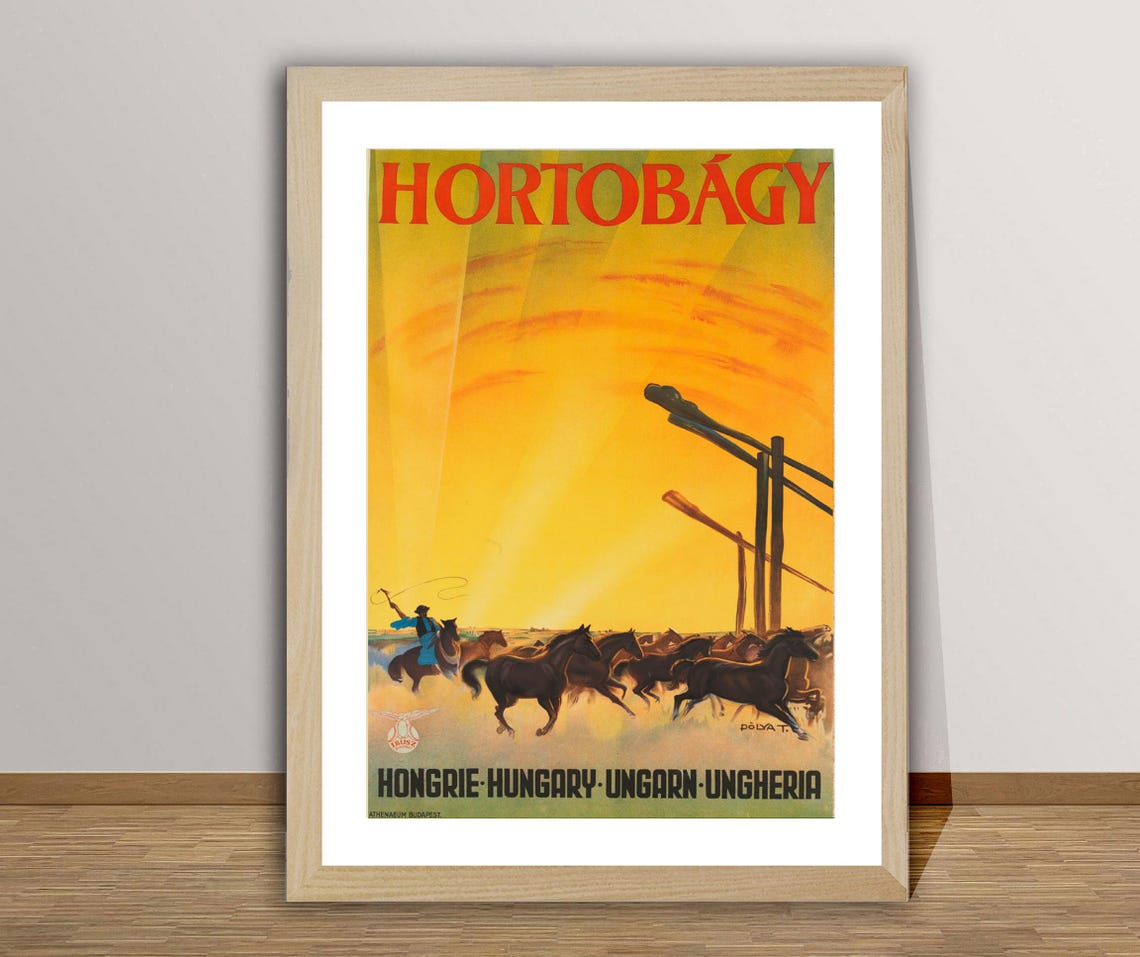 Golden Hortobagy Hungary Vintage Puszta Horse Sunset Scene Poster