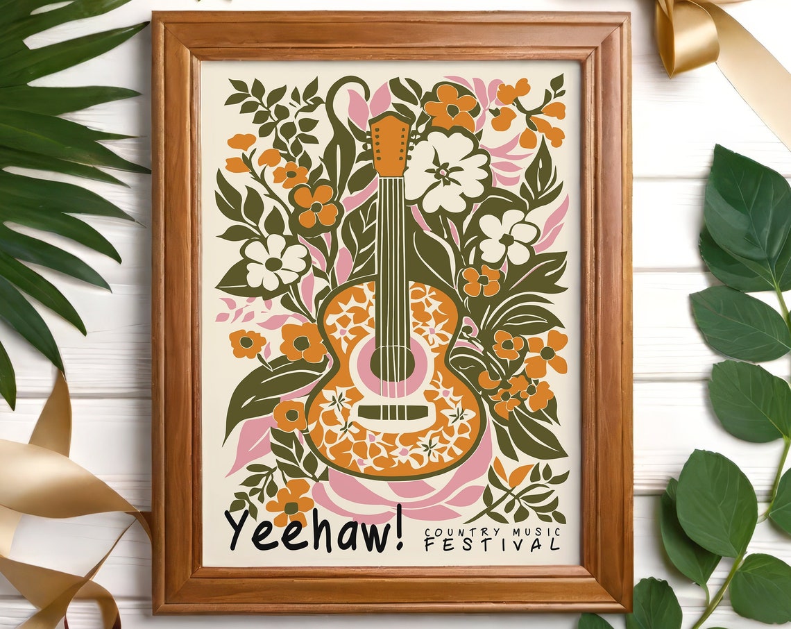 Country Music Festival Poster Retro Floral Guitar Print Music Wall Art Bohemian Wall Decor Music Lovers Gift Farmhouse Wall Art Yeehaw