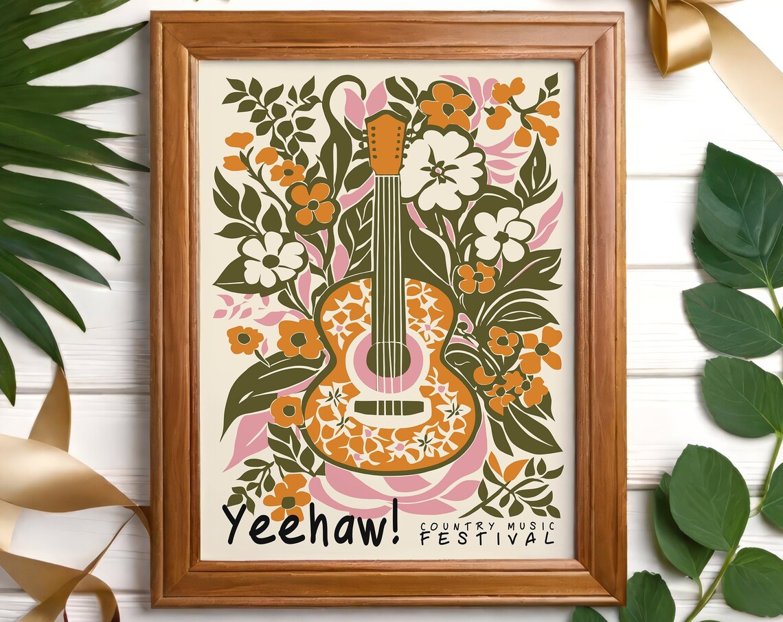 Vintage Yeehaw Country Music Festival Orange Floral Guitar Poster